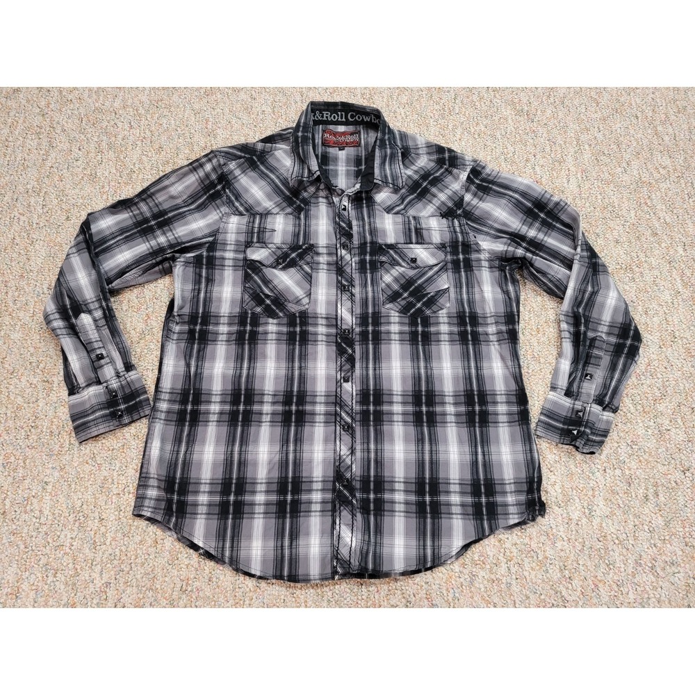 Rock & Roll Cowboy Shirt Mens XL Black Grey Plaid Snap Button Western Grunge